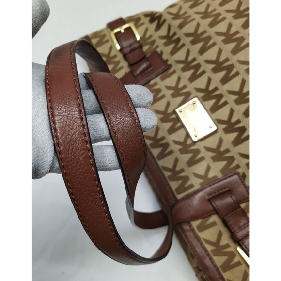 Michael Kors Brown Canvas Leather Trim MK Printed Double Handle Zipper Tote Bag - Picture 7 of 16